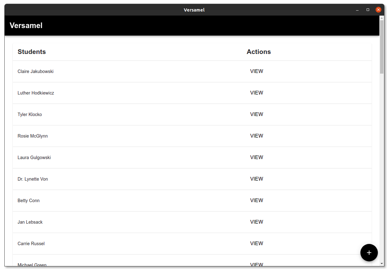Versamel open showing a list of students